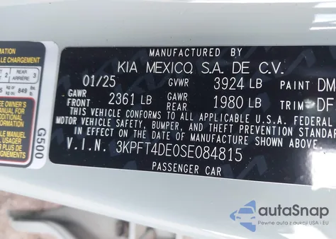 2025 Kia K4 Lxs from USA, damaged, VIN 3KPFT4DE0SE084815